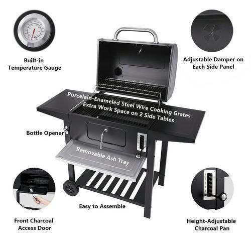 Charcoal Grill, BBQ Smoker Picnic Camping Patio Backyard Cooking- Black