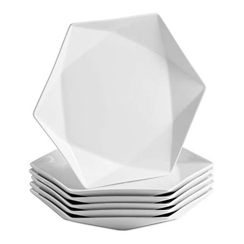 6Pcs Of Ceramic Hexagonal Dinner Plates - White.
