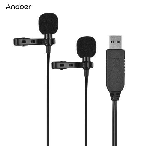 Andoer 6m20ft USB Dualhead Lavalier Lapel Microphone