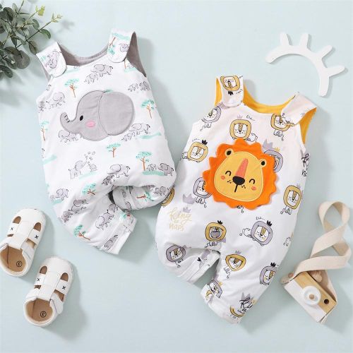 Baby Onesie Cotton Double Shoulder Sling Cartoon Animal Lion Elephant Print