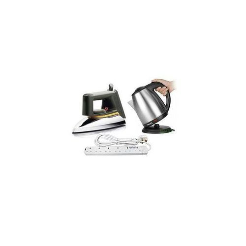 Flat Iron, Electric Kettle 2L & 6 Way Extension Cable - Silver,White