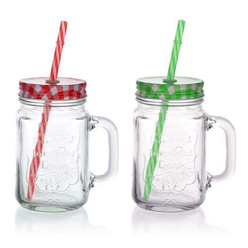 2 Piece Glass Jars Cup Mugs - Colorless, Lid Color May Vary