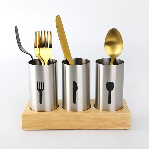 3- Pc Kitchen Countertop Fork, Spoon, Knife Cutlery Organizer Holder With Wood Base, Silver.