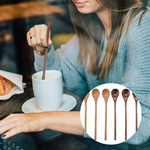 6 Pcs Wooden Spoon,Long Handle Wood Spoons Mixing Stirring Soup Coffee Iced Tea Spoon Used for Kitch