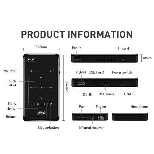 P09 Portable 4K Ultra HD DLP Mini Smart Projector with Infrared Remote Control, Amlogic S905X 4Core A53 up to 1.5GHz Android 6.0, 1GB8GB, Support 2.4G5G WiFi, Bluetooth, TF Card Black