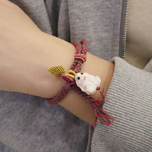 Childlike Cute Natural Antlers Carved Hand Weaving Bracelet Female Ins Special-Interest Design High Sense Carrying Strap Couple