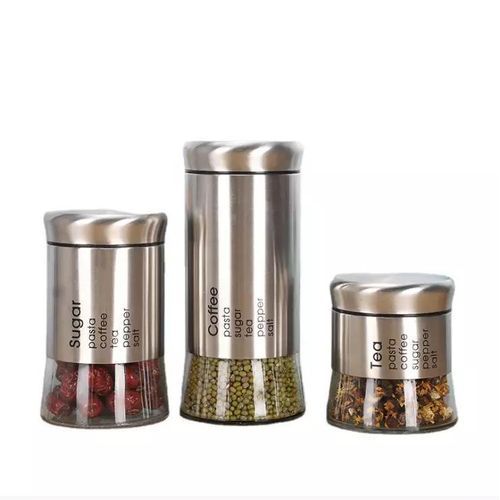 3 Set Sugar Bowl Glass Canister - Silver