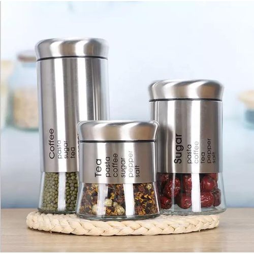 3 Set Sugar Bowl Glass Canister - Silver