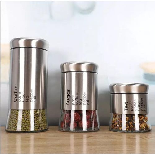 3 Set Sugar Bowl Glass Canister - Silver