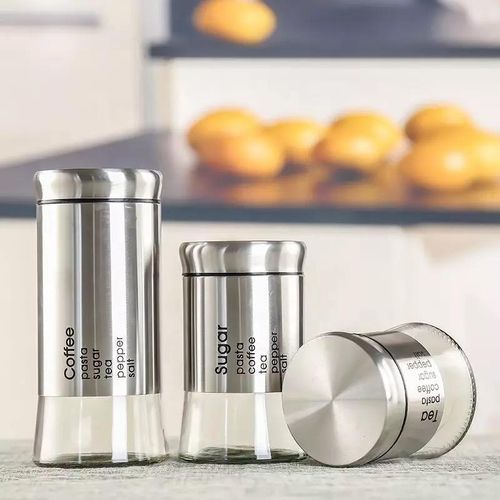 3 Set Sugar Bowl Glass Canister - Silver