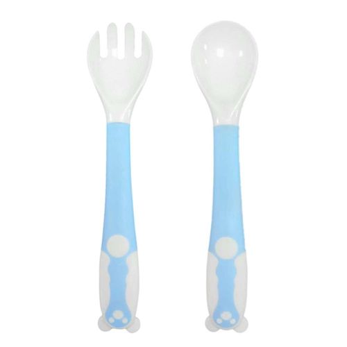 Baby Spoon Fork Set Food Bending Feeding Elbow Training Twisting Bendable Tableware New,Thermal Spork Blue NO5114