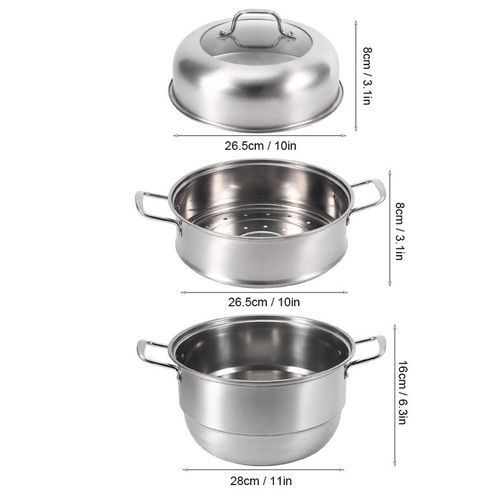 28Cm - 3 Layer Stainless Steel Food Saucepan And Steamer Soup Pot -Silver.