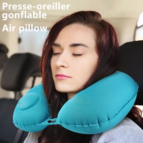 U-Shape Inflatable Neck Pillow-Light Blue