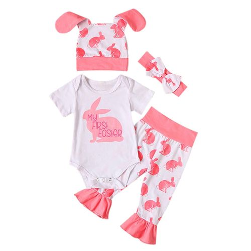 Baby Girl Easter Bunny Print Casual T Shirt  Round Neck Short Sleeve Tops Summer,Pink,70cm NO5114