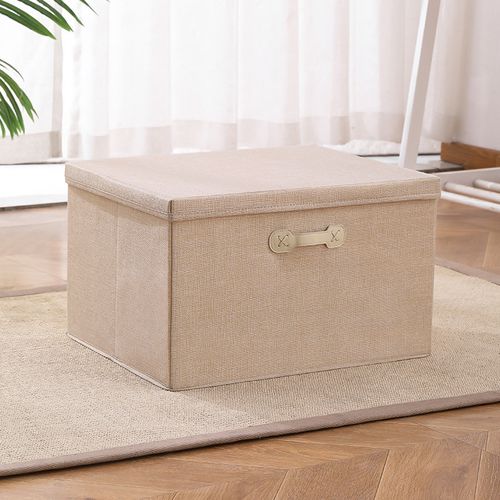 Foldable Clothes Storage Box With Handle And Lid - Beige