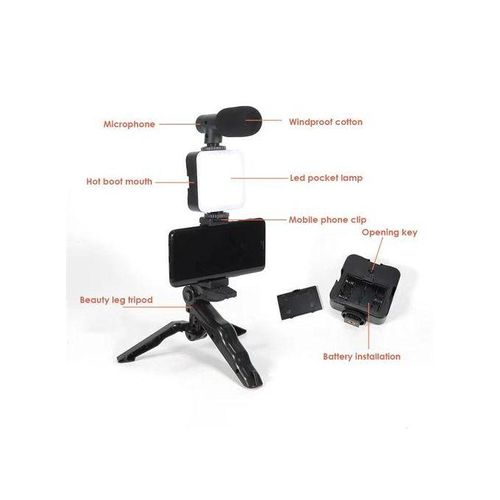 Tripod Recording Portable Stabilizer Cell Phone Tripod Led Beauty Leg Pocket Fill Light Smartphone Video Making Kit - Black