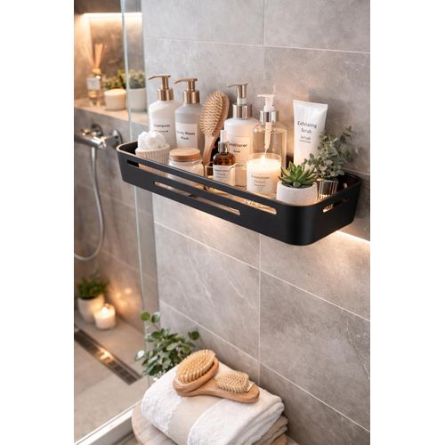 Bathroom Storage Tray with Hooks Towel Bar Kitchen & Bathroom Dual-purpose Metal Shelf Wall Mounted Shampoo Holder