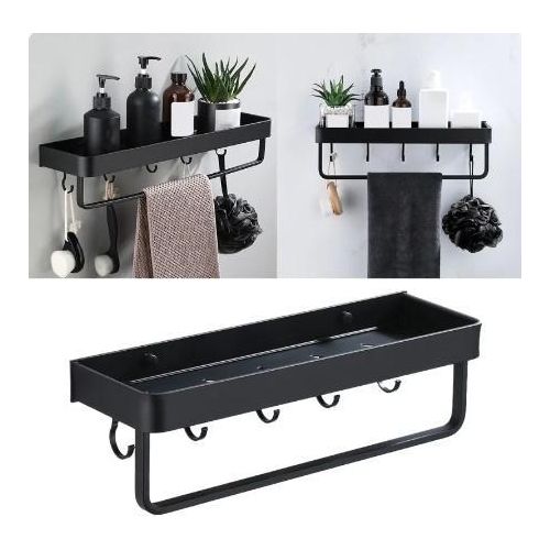 Bathroom Storage Tray with Hooks Towel Bar Kitchen & Bathroom Dual-purpose Metal Shelf Wall Mounted Shampoo Holder