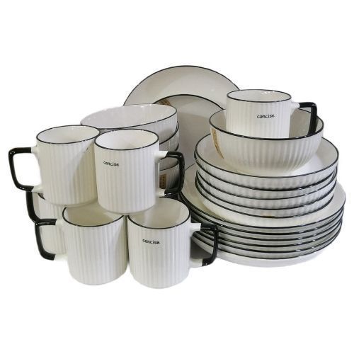 24 Pieces Ceramic Cups Bowls Side Plates And Dinner Plates-White