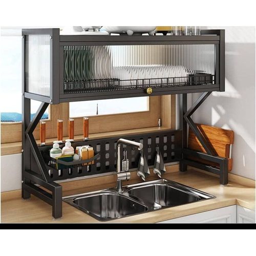 34inch Steel Dish Drying Rack Over The Sink, 2 Tier Kitchen Dish Rack With Drainboard Detachable Countertop Dish Drainer Cabinet Utensil Holder Over Sink Cutlery Holder