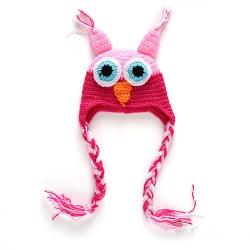 New Winter Baby Knitted Hat Cute Owl Hand Hook Beanie Earmuffs Children Kids Handmade Cap,Black+rose NO5114