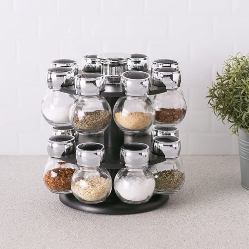 16pc Revolving Jar Kitchen Herbs & Spice Rack Countertop Storage Organizer-Clear.