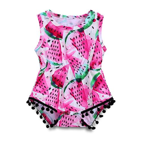 Kids Girls Watermelon Print Jumpsuit Tassels Sleeveless Round Neck Breathable Rompers New,70cm NO5116