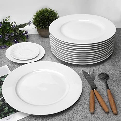10 Inch 12-Piece Porcelain Salad, Dessert Dinner Serving Plates-White.