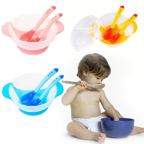 New 3 Pcs/Set Baby Tableware Kit Infant Feeding Bowl With Sucker Temperature Sensing Spoon Fork Dishes Dinnerware NO5299
