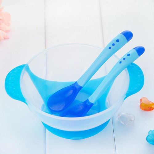 New 3 Pcs/Set Baby Tableware Kit Infant Feeding Bowl With Sucker Temperature Sensing Spoon Fork Dishes Dinnerware NO5299