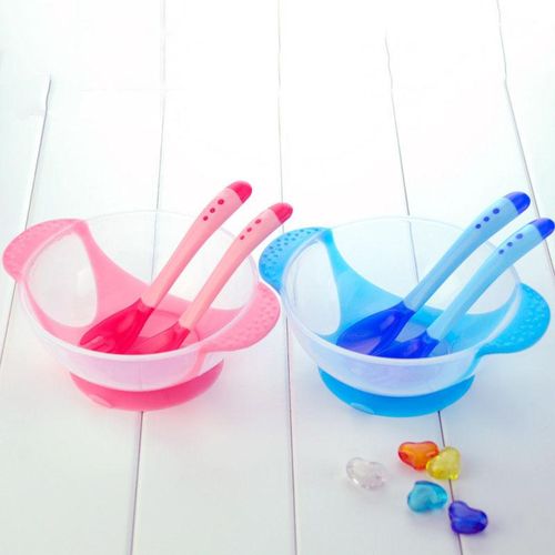 New 3 Pcs/Set Baby Tableware Kit Infant Feeding Bowl With Sucker Temperature Sensing Spoon Fork Dishes Dinnerware NO5299