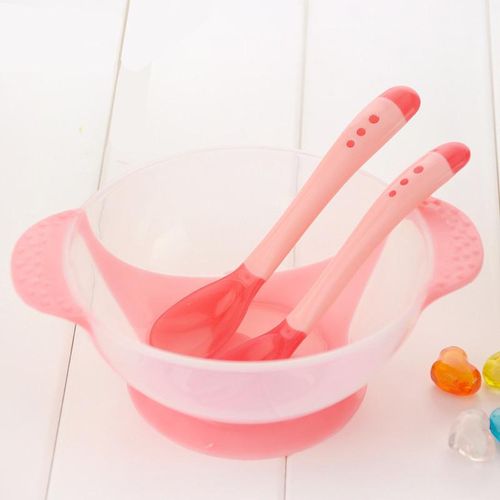 New 3 Pcs/Set Baby Tableware Kit Infant Feeding Bowl With Sucker Temperature Sensing Spoon Fork Dishes Dinnerware NO5299