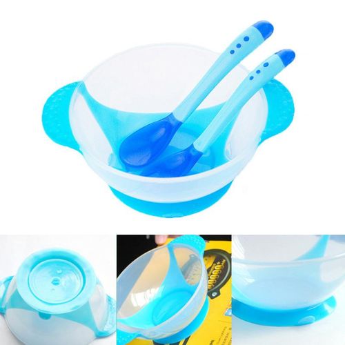 New 3 Pcs/Set Baby Tableware Kit Infant Feeding Bowl With Sucker Temperature Sensing Spoon Fork Dishes Dinnerware NO5299