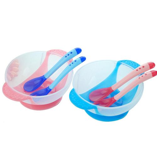 New 3 Pcs/Set Baby Tableware Kit Infant Feeding Bowl With Sucker Temperature Sensing Spoon Fork Dishes Dinnerware NO5299