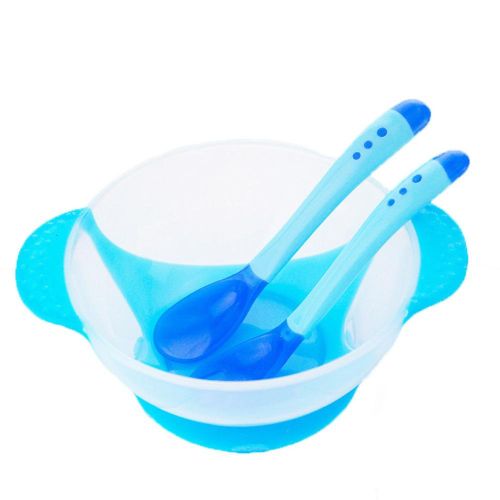 New 3 Pcs/Set Baby Tableware Kit Infant Feeding Bowl With Sucker Temperature Sensing Spoon Fork Dishes Dinnerware NO5299
