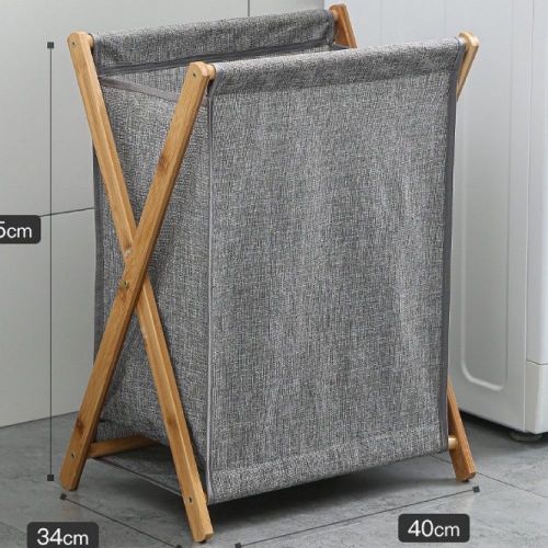 Foldable Clothes Laundry Basket Bag With Wooden Stand Storage Bin - Grey.