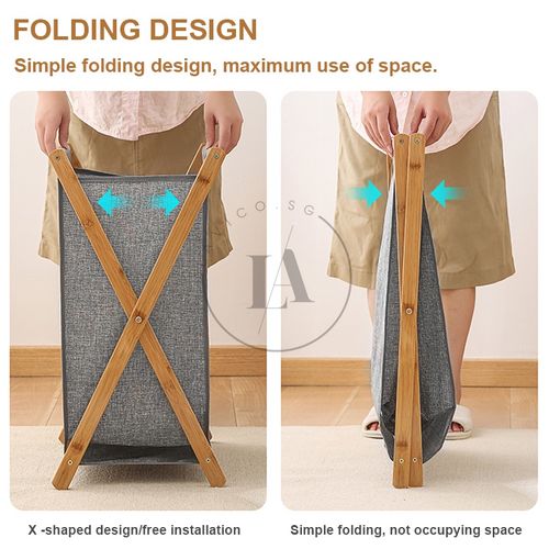 Foldable Clothes Laundry Basket Bag With Wooden Stand Storage Bin - Grey.