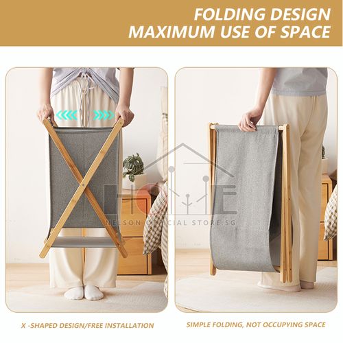 Foldable Clothes Laundry Basket Bag With Wooden Stand Storage Bin - Grey.
