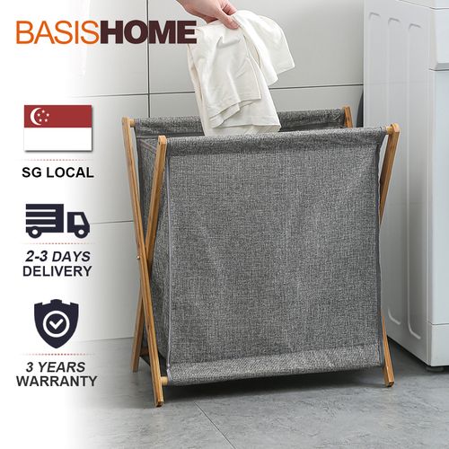 Foldable Clothes Laundry Basket Bag With Wooden Stand Storage Bin - Grey.