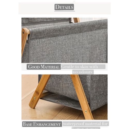 Foldable Clothes Laundry Basket Bag With Wooden Stand Storage Bin - Grey.