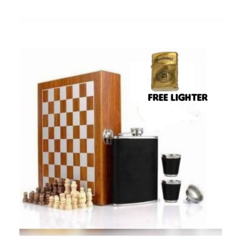 Wooden Chess Box With Whiskey Alcohol Drinks Holder Hip Flask , Funnel Set And Zippo Lighter (32 Chess Pieces)