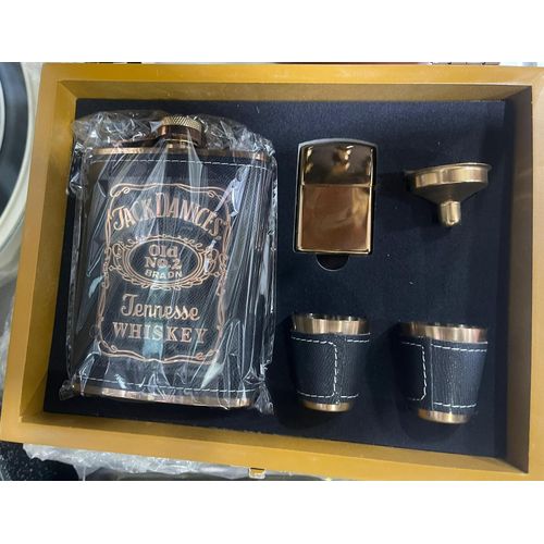 Wooden Chess Box With Whiskey Alcohol Drinks Holder Hip Flask , Funnel Set And Zippo Lighter (32 Chess Pieces)