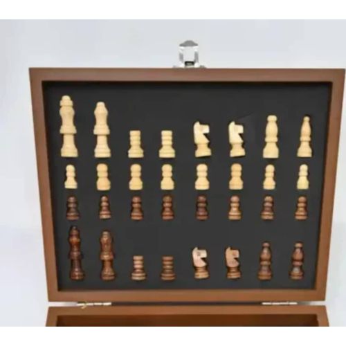 Wooden Chess Box With Whiskey Alcohol Drinks Holder Hip Flask , Funnel Set And Zippo Lighter (32 Chess Pieces)