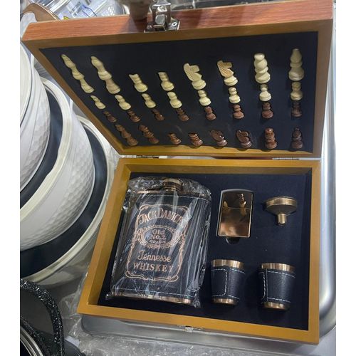 Wooden Chess Box With Whiskey Alcohol Drinks Holder Hip Flask , Funnel Set And Zippo Lighter (32 Chess Pieces)