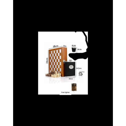 Wooden Chess Box With Whiskey Alcohol Drinks Holder Hip Flask , Funnel Set And Zippo Lighter (32 Chess Pieces)