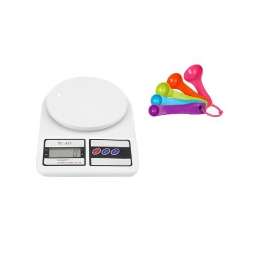 Digital Kitchen Weighing Scale + 5 Measuring Spoons - White