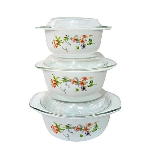 3 Set Floral High-class Serving Dishes With Glass Lids Flower Differs - White
