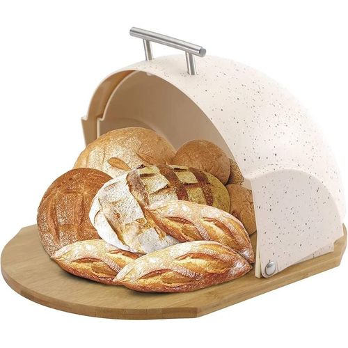 Marble Bread Bin Box With Bamboo Base And Sliding Lid Pastry Storage Container- Multicolor