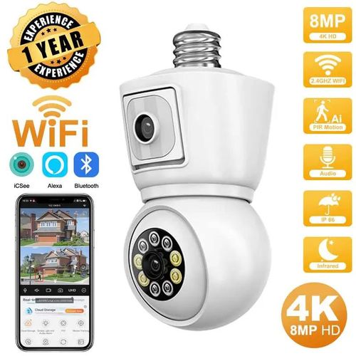 ICSEE 4K 8MP E27  WiFi Camera Dual  Dual Screen Auto Tracking Two Way Audio Color Night Vision Outdoor Security Camera