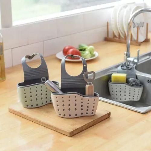 Kitchen Sink Hanging Soap Dish, Sponge Drainer Storage Basket Holder- Pink/Grey